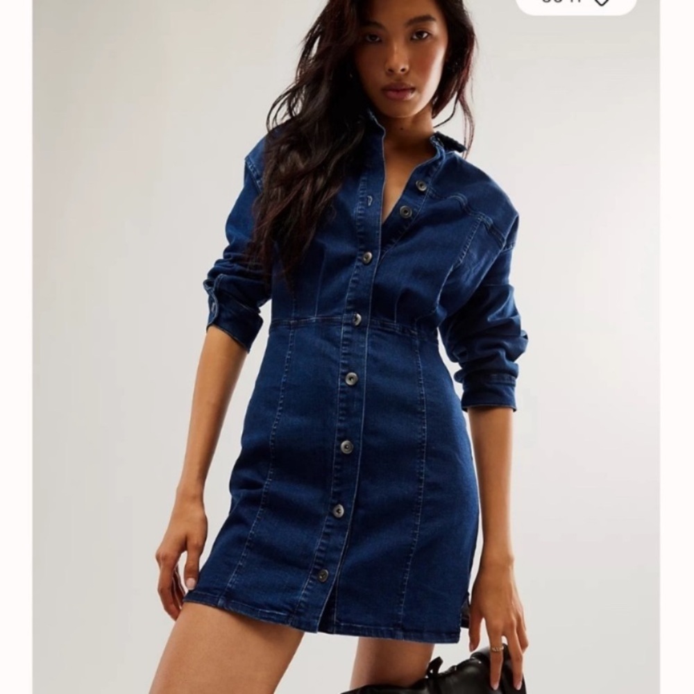 Free People Dark Blue Denim Button-Front Long Sleeve Dress